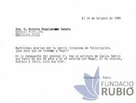 Carta emesa per Fernando Rubió Tudurí a Dolores Regalado de Sabata