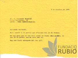 Carta emesa per Fernando Rubió Tudurí a Fernando Roselló