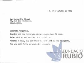 Carta emesa per Fernando Rubió Tudurí a Margarita Rispal