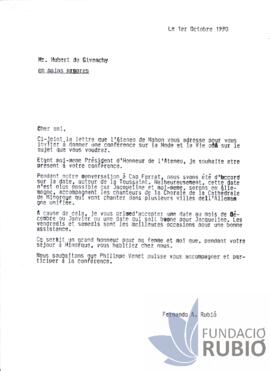 Carta emesa per Fernando Rubió Tudurí a Hubert de Givenchy