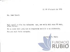 Carta emesa per Fernando Rubió Tudurí a Joan Casals