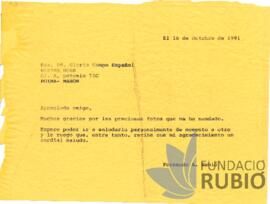 Carta emesa per Fernando Rubió Tudurí a Gloria Campo Español