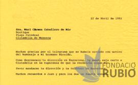 Carta emesa per Fernando Rubió Tudurí a Mari Carmen Caballero de Mir