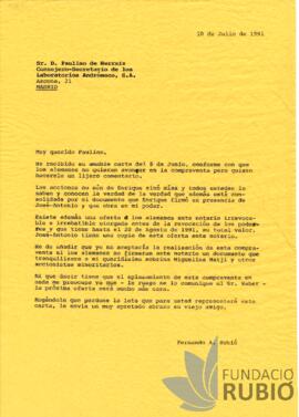 Carta de Fernando Rubió a Paulino de Herraiz
