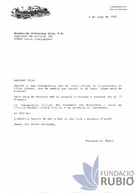 Carta emesa per Fernando Rubió Tudurí a Fundición Artística Vilà