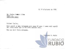 Carta emesa per Fernando Rubió Tudurí a Carles Sentís i Senyora