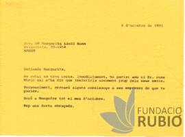 Carta emesa per Fernando Rubió Tudurí a Margarita Llull Sans