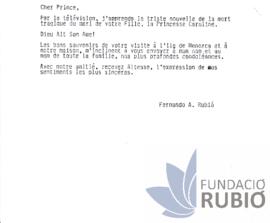 Carta emesa per Fernando Rubió Tudurí al Príncep de Mònaco