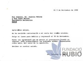 Carta emesa per Fernando Rubió Tudurí a la Residència Geriàtrica