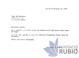 Carta emesa per Fernando Rubió Tudurí a la Casa de Menorca