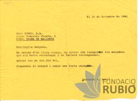 Carta emesa per Fernando Rubió Tudurí a la Casa Bonet