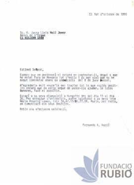 Carta emesa per Fernando Rubió Tudurí a Josep Lluís Moll Jover