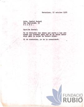 Carta emesa per Fernando Rubió Tudurí a Isabel Tudurí