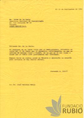Carta emesa per Fernando Rubió Tudurí a Jaime de la Garza