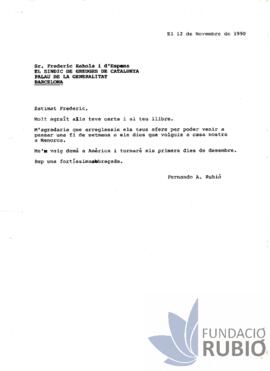 Carta emesa per Fernando Rubió Tudurí a Frederic Rahola i d'Espona