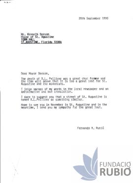 Carta emesa per Fernando Rubió Tudurí a Kenneth Beeson
