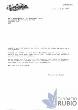 Carta emesa per Fernando Rubió Tudurí a Francesc Tutzó