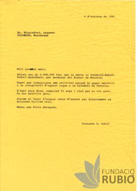 Carta emesa per Fernando Rubió Tudurí al Sr. Blancafort