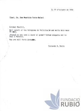 Carta emesa per Fernando Rubió Tudurí a Maurici Torra-Balari
