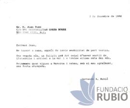 Carta emesa per Fernando Rubió Tudurí a Joan Pons