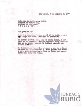Carta emesa per Fernando Rubió Tudurí a María Fernanda Rubió