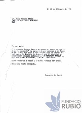 Carta emesa per Fernando Rubió Tudurí a Josep Miquel Vidal