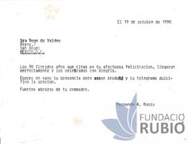 Carta emesa per Fernando Rubió Tudurí a René de Valdés