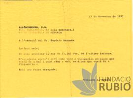 Carta emesa per Fernando Rubió Tudurí a Al·lès Cardona, S. A.