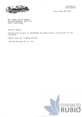 Carta emesa per Fernando Rubió Tudurí a César Alias Tudurí