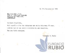 Carta emesa per Fernando Rubió Tudurí a Angelines Pons
