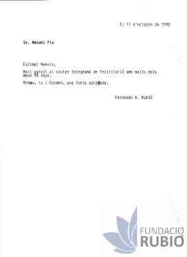 Carta emesa per Fernando Rubió Tudurí a Manuel Pla