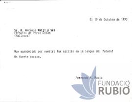 Carta emesa per Fernando Rubió Tudurí a Antonio Matji i Senyora
