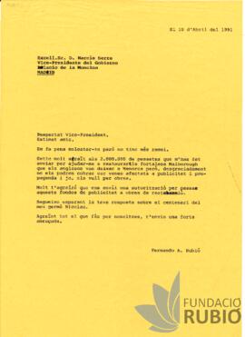 Carta emesa per Fernando Rubió Tudurí a Narcís Serra