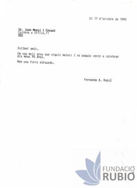 Carta emesa per Fernando Rubió Tudurí a Juan Moysi i Crespí
