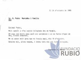 Carta emesa per Fernando Rubió Tudurí a Pedro Montañés i família