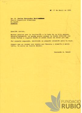 Carta emesa per Fernando Rubió a Javier Hernández Montesinos