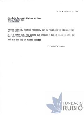Carta emesa per Fernando Rubió Tudurí a Mercedes Victory de Homs